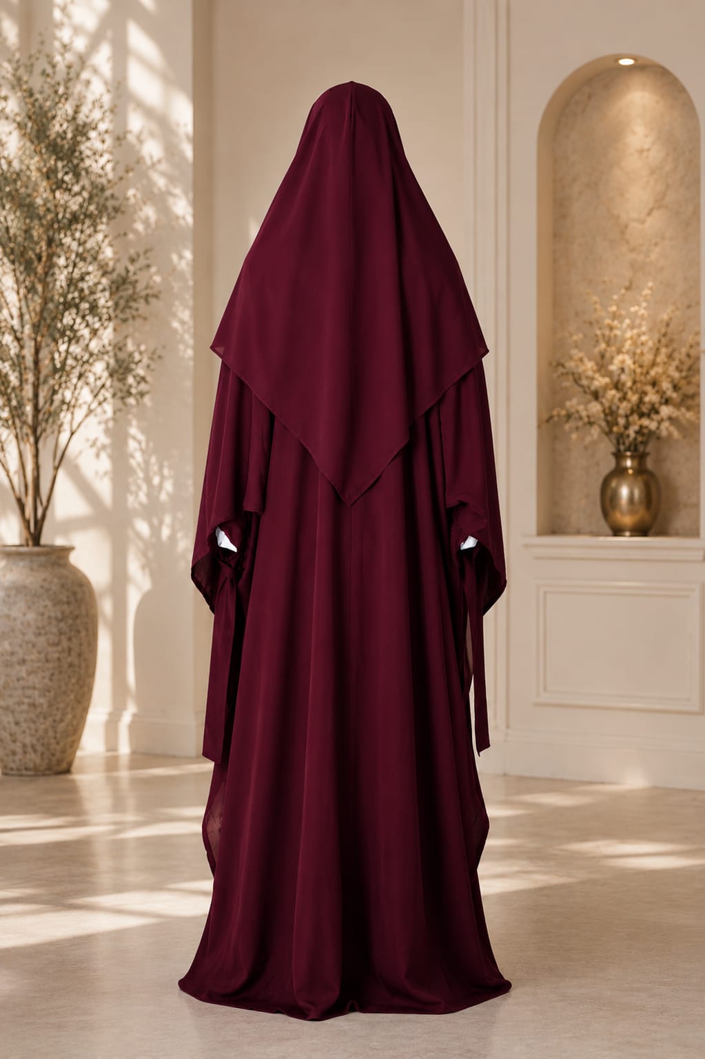 Maroon abaya worn by a person standing in a room with decorative elements.